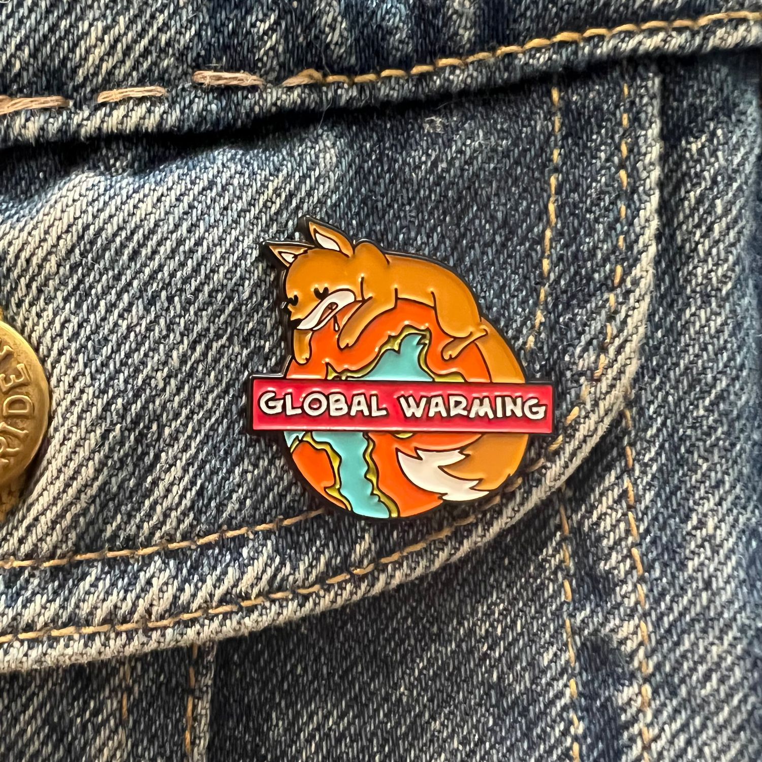 Global Warming Fox on Earth Enamel Pin, SKU XZ3611-146, UPC 6016020163124