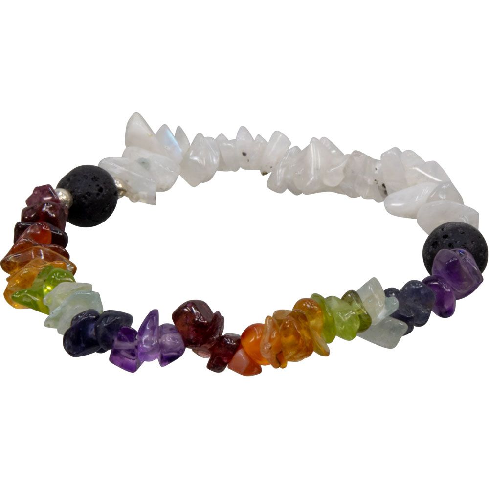 Gemstone Chips Elastic Bracelet - Chakras with Rainbow Moonstone, SKU KH-98713, UPC 700317109488