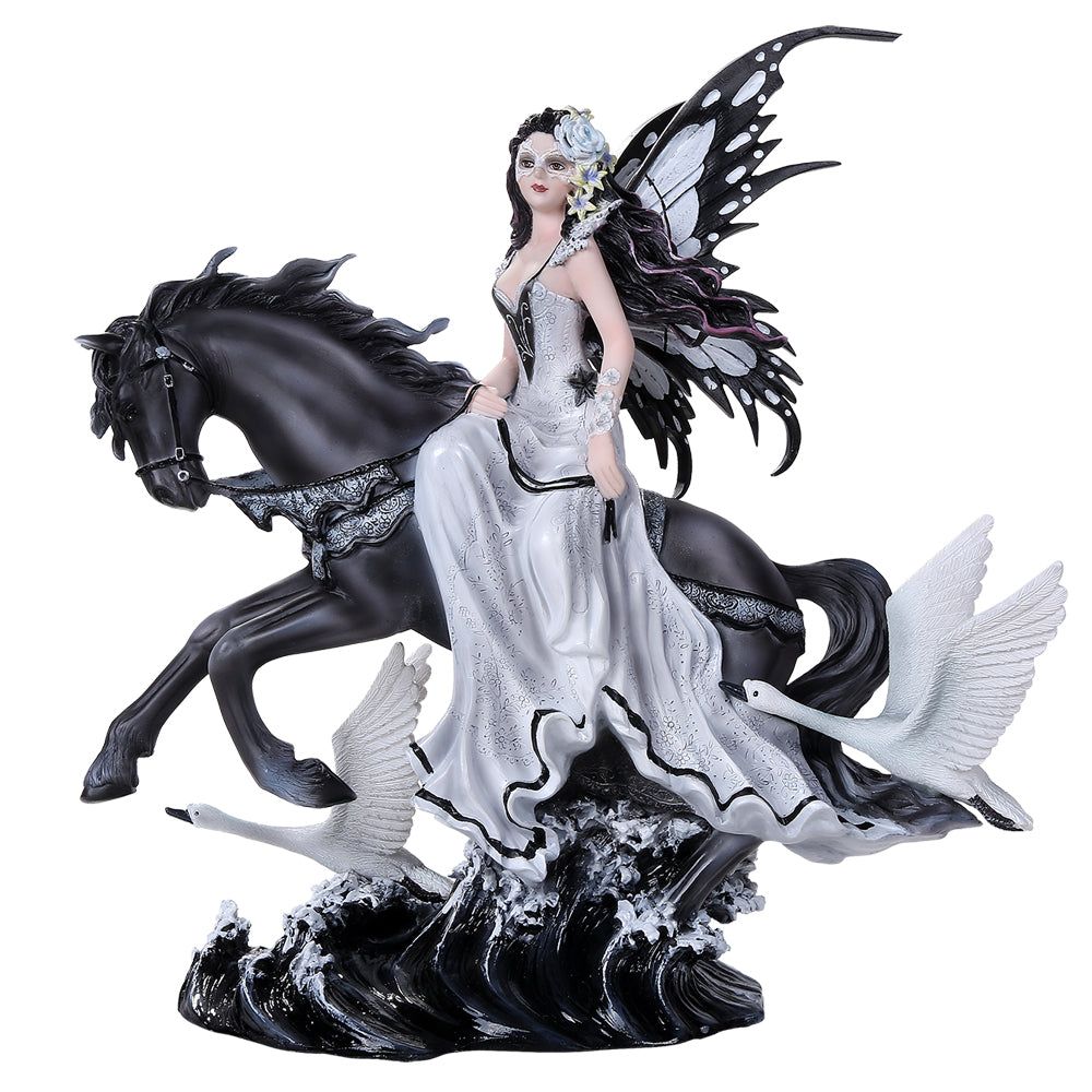 12&quot; Fairy Statue - Lamentation of Swans Fairy with Black Horse, SKU PG-12500, UPC 700317252573