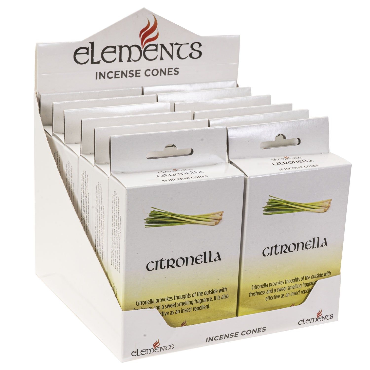 Elements Incense Cones Display - Citronella (12 Packs of 15 Cones), SKU PG-14455, UPC 700317246961