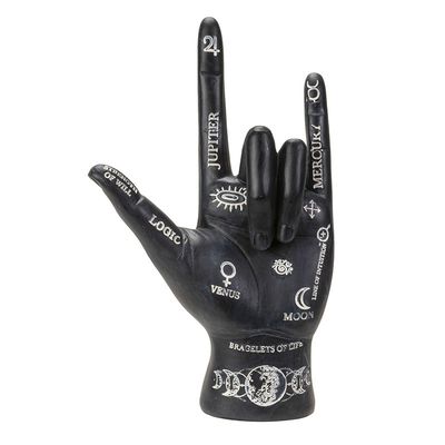 7.6&quot; Palmistry Hand Statue - Black Rock On, SKU PG-15071, UPC 700317072461