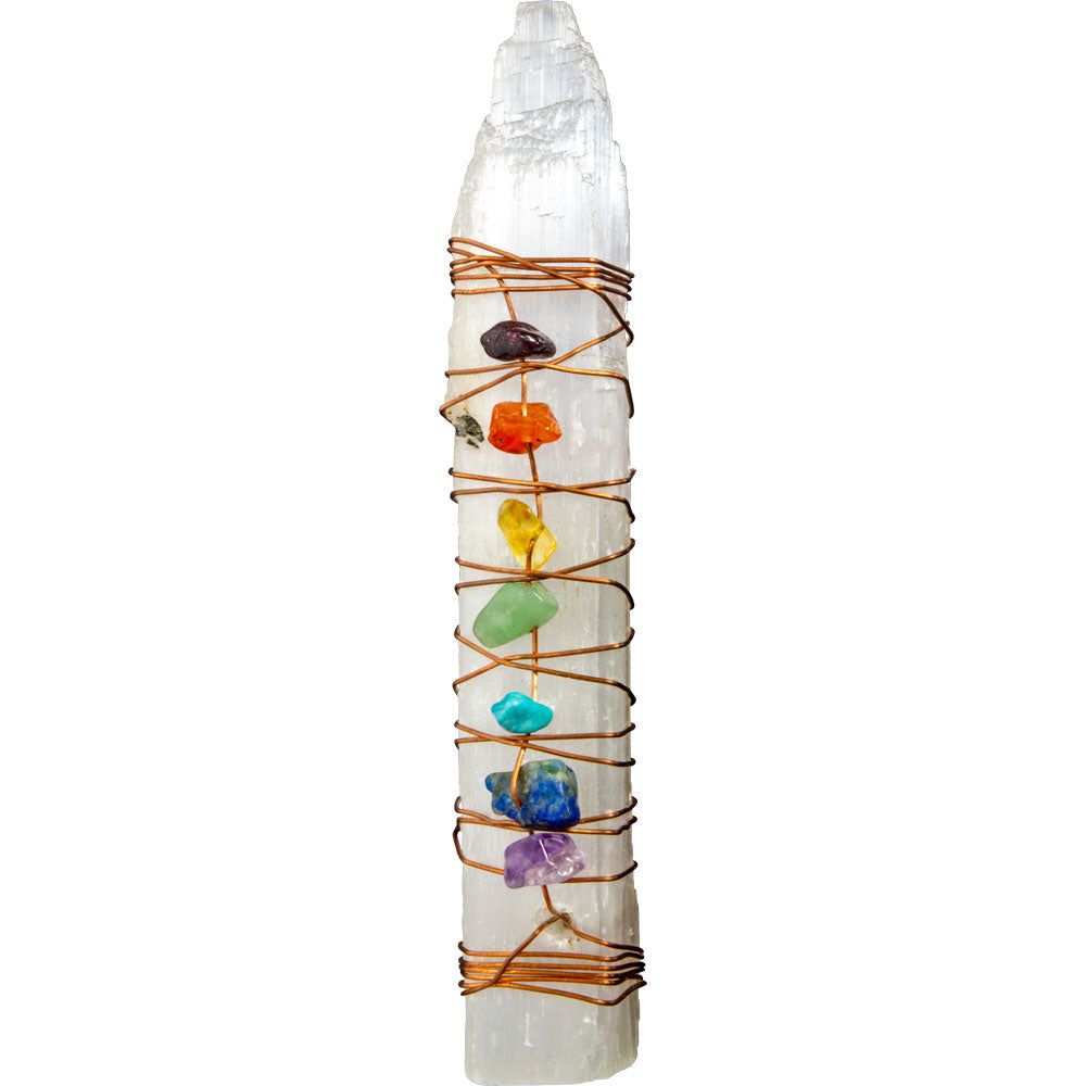 7&quot; Selenite Wand - Copper Wrapped Chakra Chips, SKU KH-76110, UPC 700317069492