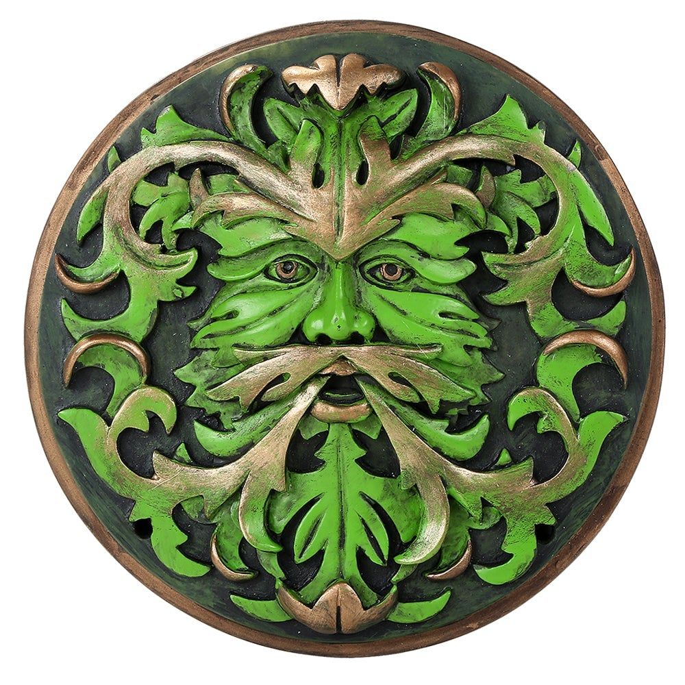 5.75&quot; Green Man Round Wall Plaque Statue by Oberon Zell, SKU PG-12556, UPC 6016020422498