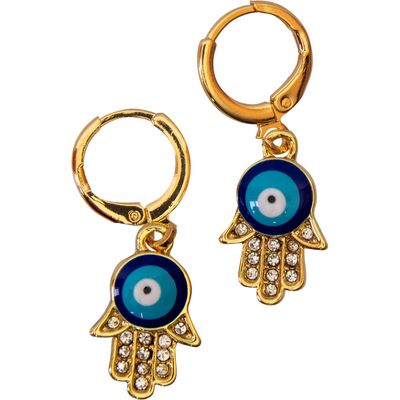 Copper Evil Eye Protection Earrings - Fatima Hand with Gems - Gold, SKU KH-99437, UPC 700317066392