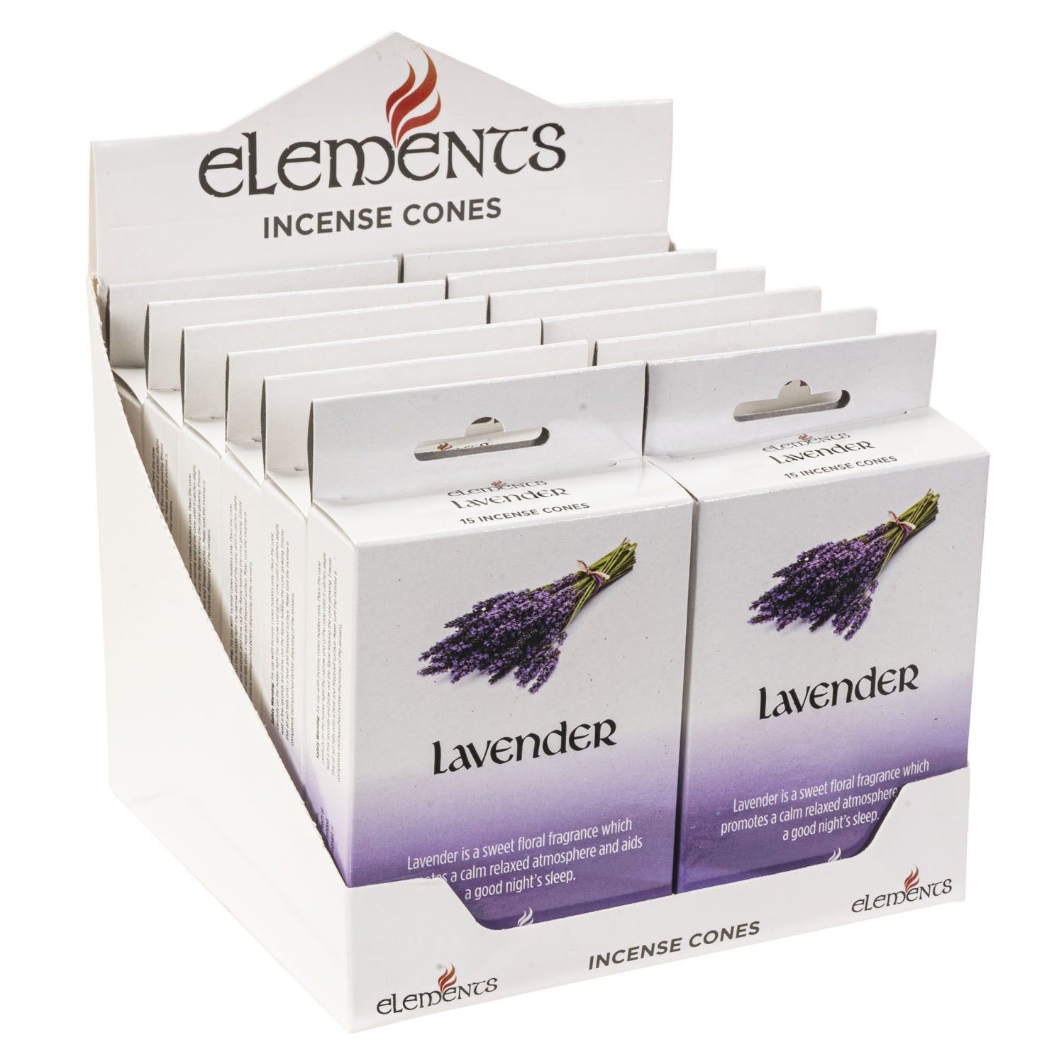 Elements Incense Cones Display - Lavender (12 Packs of 15 Cones), SKU PG-14446, UPC 700317246862