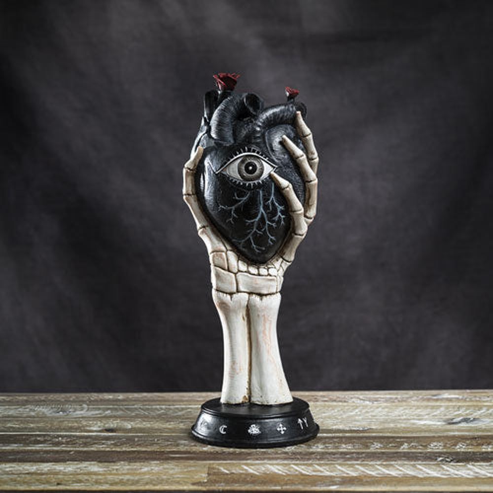 12.9&quot; Black Heart with Skull Hand Statue, SKU PG-14386, UPC 700317072713