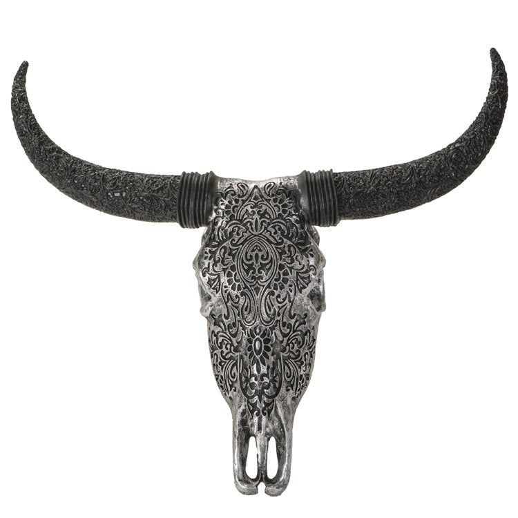 12.8&quot; Carved Resin Cow Skull in Silver, SKU PG-14980, UPC 700317070863