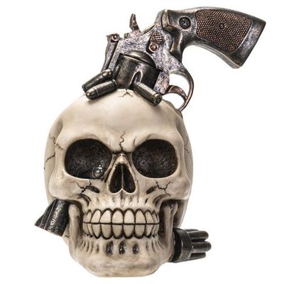 7&quot; Skeleton Statue - Skull with Revolver, SKU PG-14699, UPC 700317052371