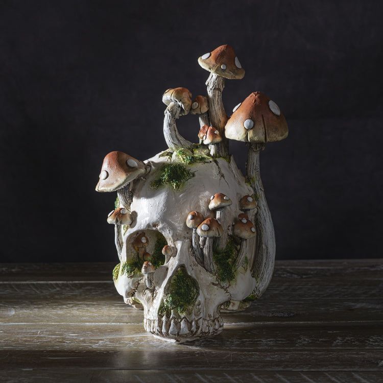 8.2&quot; Skull with Mushrooms Statue, SKU PG-15062, UPC 700317120773