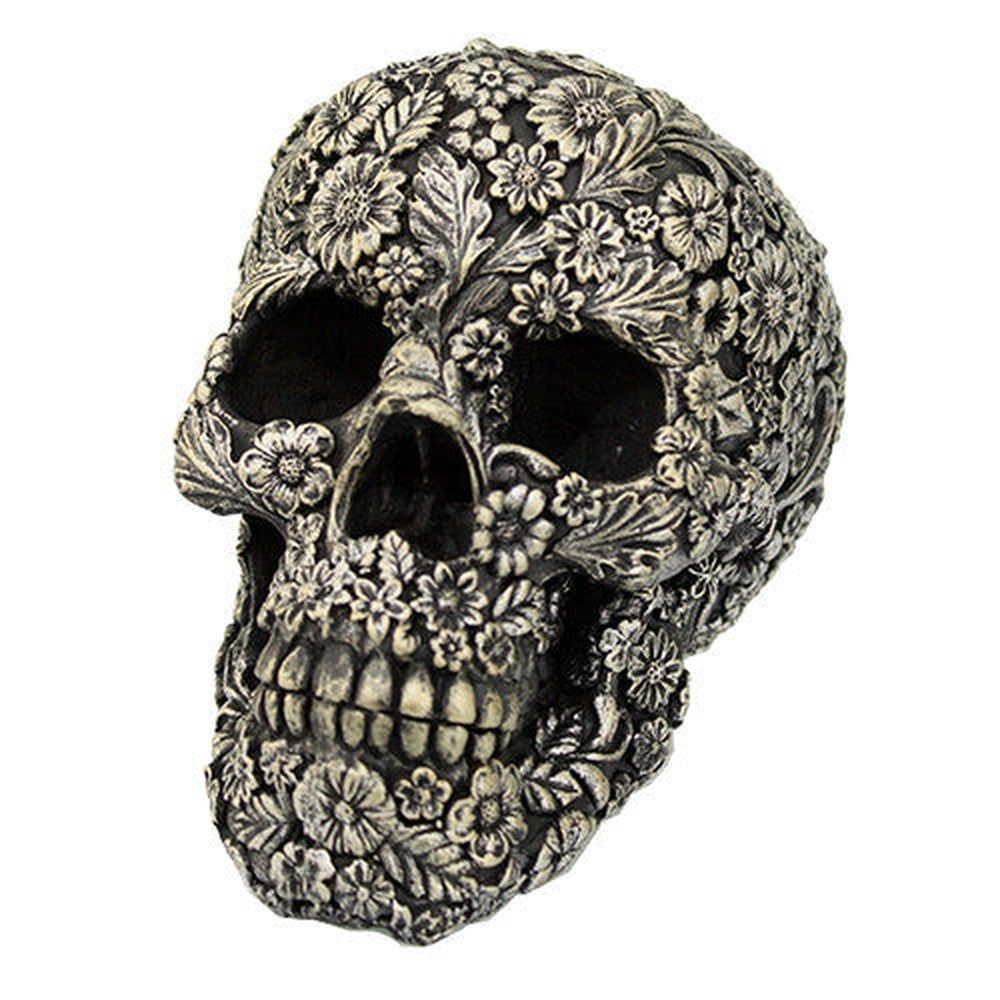 6.75&quot; Aged Floral Carved Skull Statue, SKU PG-11510, UPC 700317071761