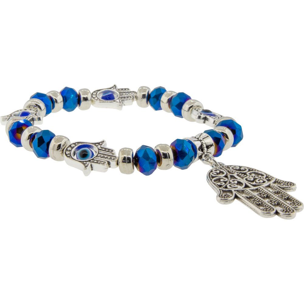 8 mm Elastic Bracelet - Evil Eye Protection - Iridescent Blue with Fatima Hand, SKU KH-98830, UPC 7…