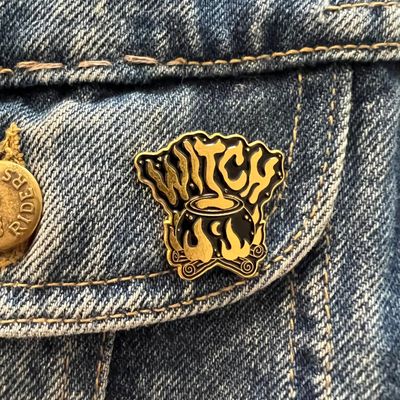 Witch on Fire Cauldron Enamel Pin, SKU XZ3980-130, UPC 6016003235251