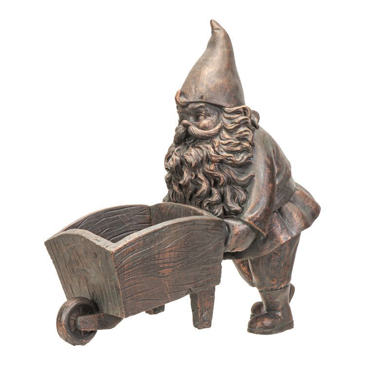 10.6&quot; Gnome Statue - Bronze Gnome with Wheelbarrow Planter, SKU PG-14792, UPC 700317041276