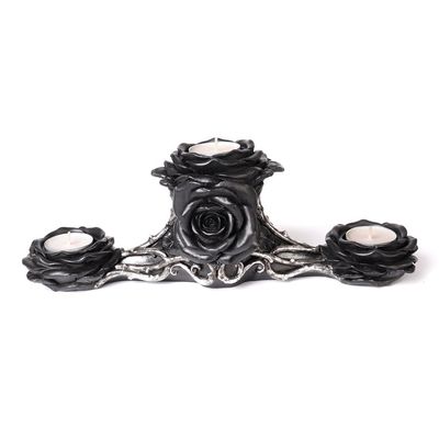 12.6&quot; Black Rose Triple Tealight Candle Holder, SKU AL-V96, UPC 700317064473