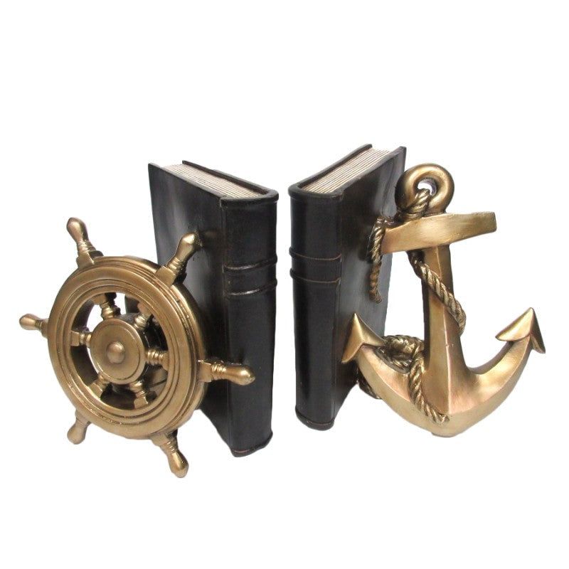 7.5&quot; Rustic Nautical Ship Wheel and Anchor Bookends (Pair), SKU PG-12302, UPC 700317023364