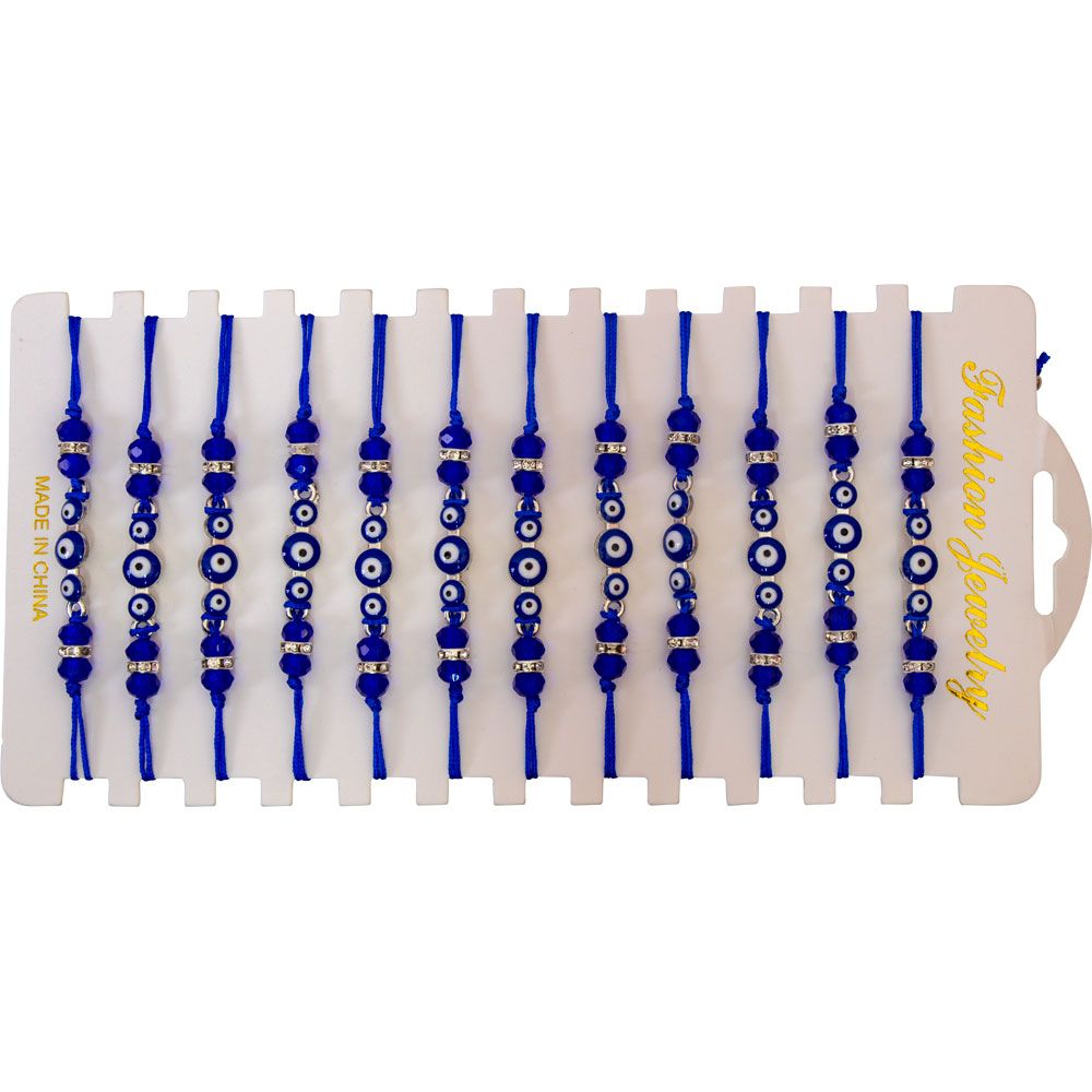 Evil Eye with Gems Adjustable Bracelets - Blue (Assorted Pack of 12), SKU KH-98836, UPC 700317066446