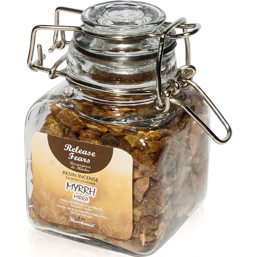 3 oz Harmonia Resin Incense Glass Jar - Myrrh - Release Fears, SKU KH-73356, UPC 700317122333