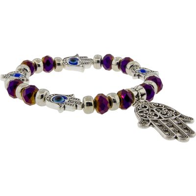 8 mm Elastic Bracelet - Evil Eye Protection - Purple with Charm, SKU KH-98834, UPC 700317066460