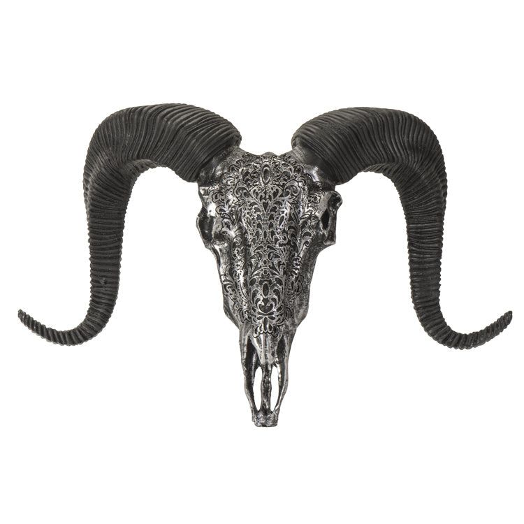 11.6&quot; Carved Resin Cow Skull in Silver, SKU PG-14982, UPC 700317070887