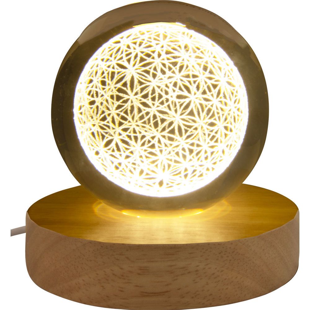 3&quot; Crystal Ball with Wood LED Light Base - Flower of Life, SKU KH-17768, UPC 700317067054