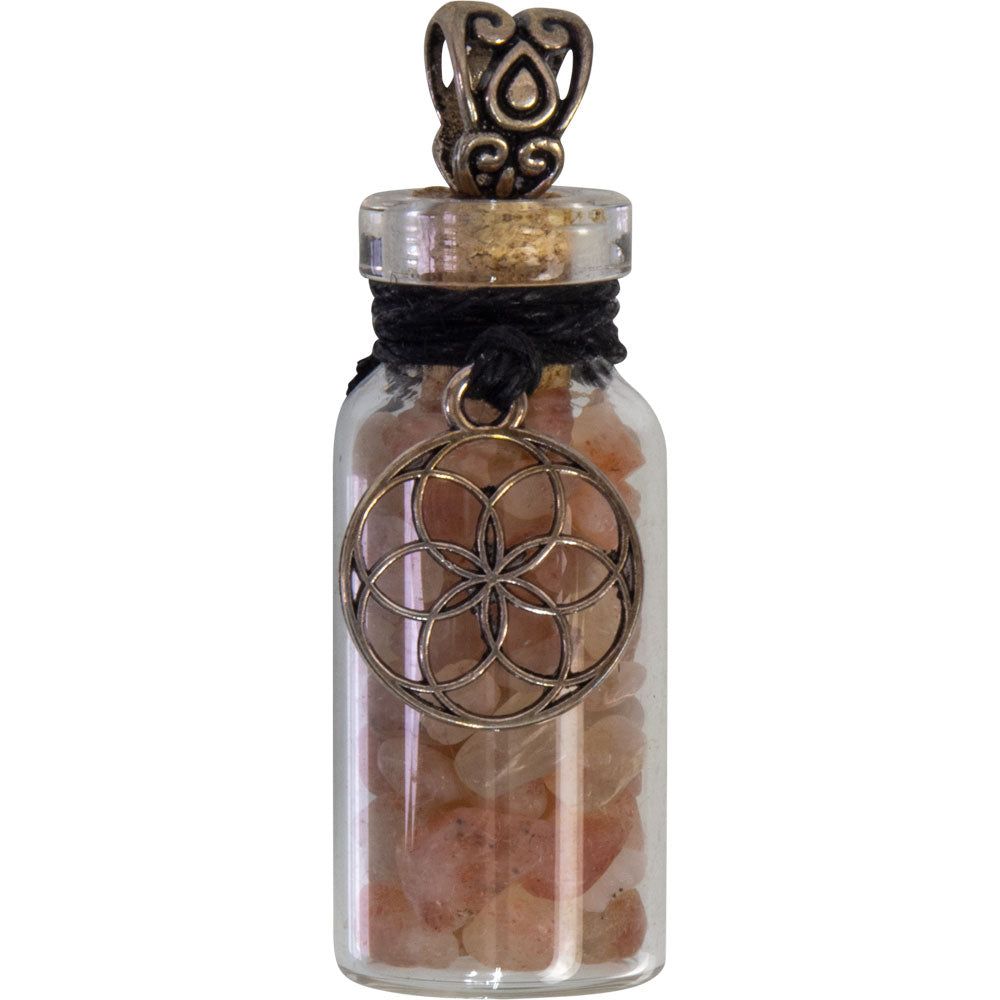 1.75&quot; Gemstone Chip Bottle Necklace - Sunstone with Seed of Life, SKU KH-99423, UPC 700317067559