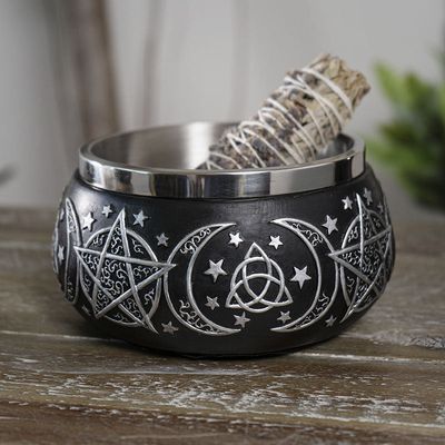 5.5&quot; Triple Moon Pentagram Smudge Bowl, SKU PG-14962, UPC 700317076520