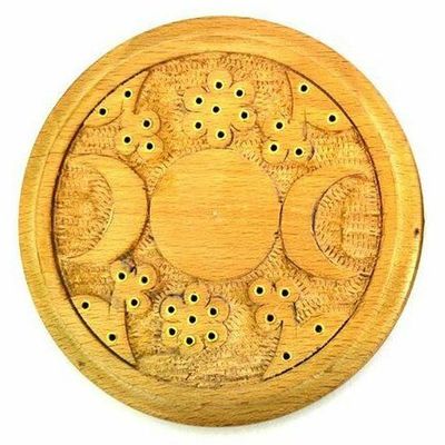 5&quot; Triple Moon Wood Incense Burner, SKU 622, UPC 6016011946941