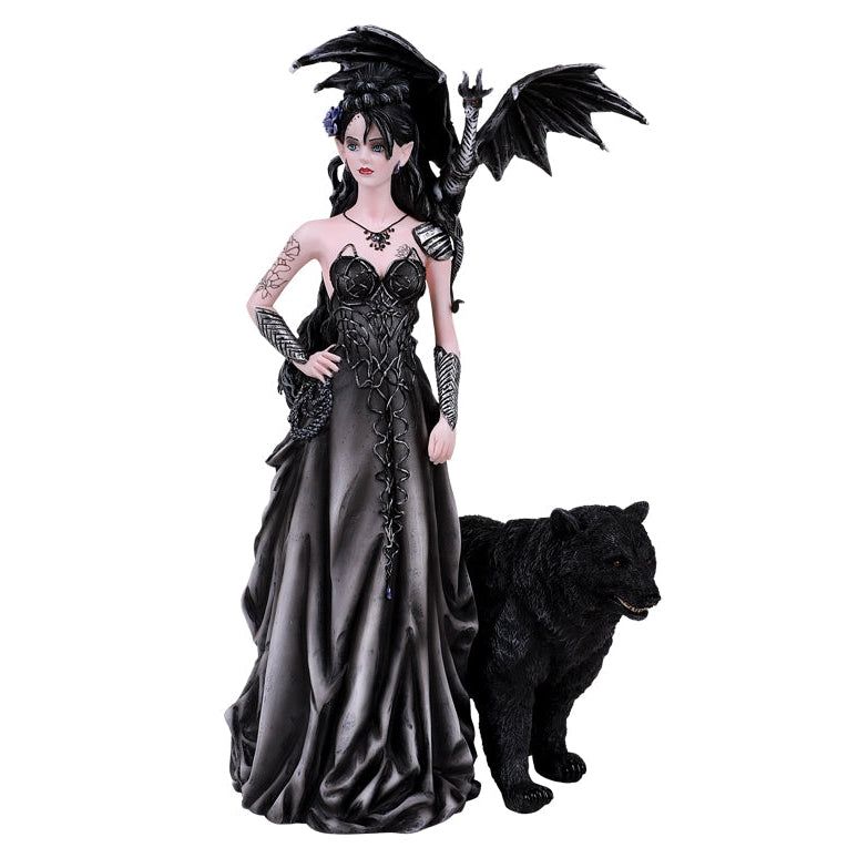 12.75&quot; Mistress of the Lycani Black Witch with Wolf and Dragon Statue, SKU PG-13753, UPC 7003172953…
