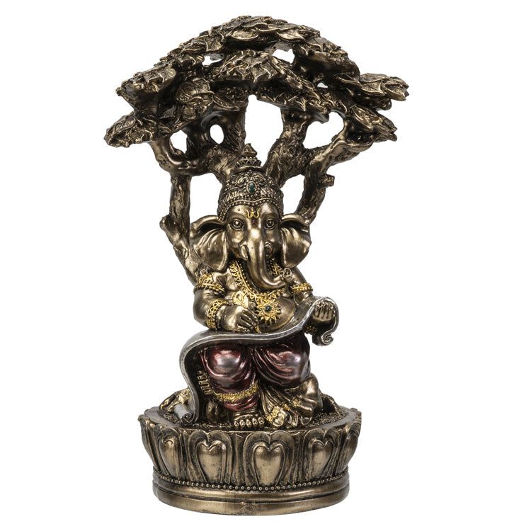 9&quot; Hindu Statue - Ganesha Reading Under Tree, SKU PG-14718, UPC 700317054016