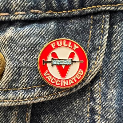 Fully Vaccinated Gold Enamel Pin, SKU XZ4625-91, UPC 6016015341353