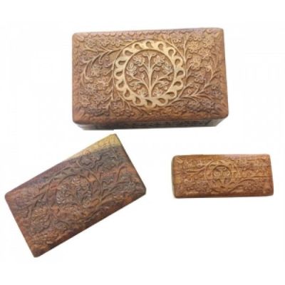 Tree of Life Carved Wooden Box Set of 3 (8&quot;, 6.5&quot;, 5.5&quot; inch), SKU WBX99, UPC 700317028871