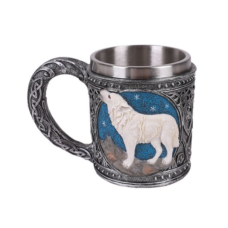 6&quot; Stainless Steel Resin Mug - White Standing Wolf, SKU PG-13654, UPC 700317045779