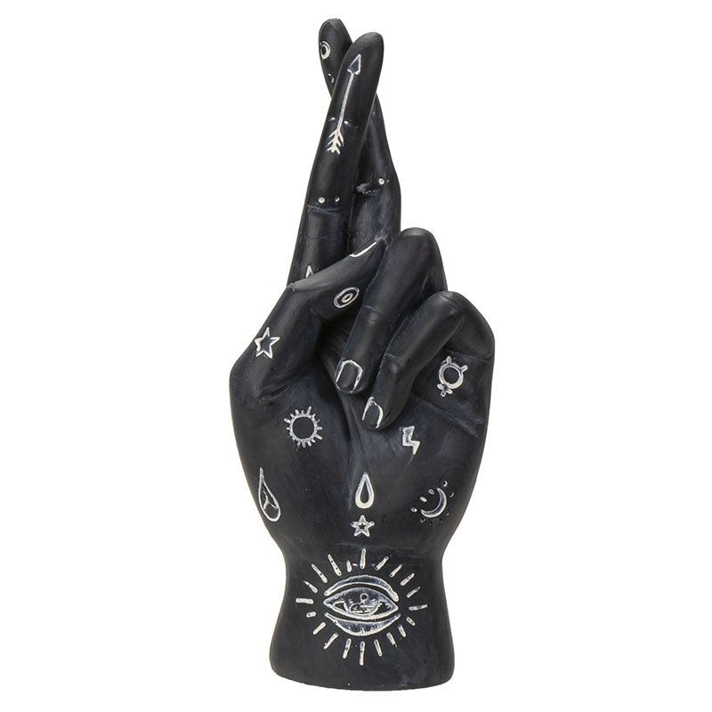 7.8&quot; Palmistry Hand Statue - Black Fingers Crossed, SKU PG-15072, UPC 700317072478