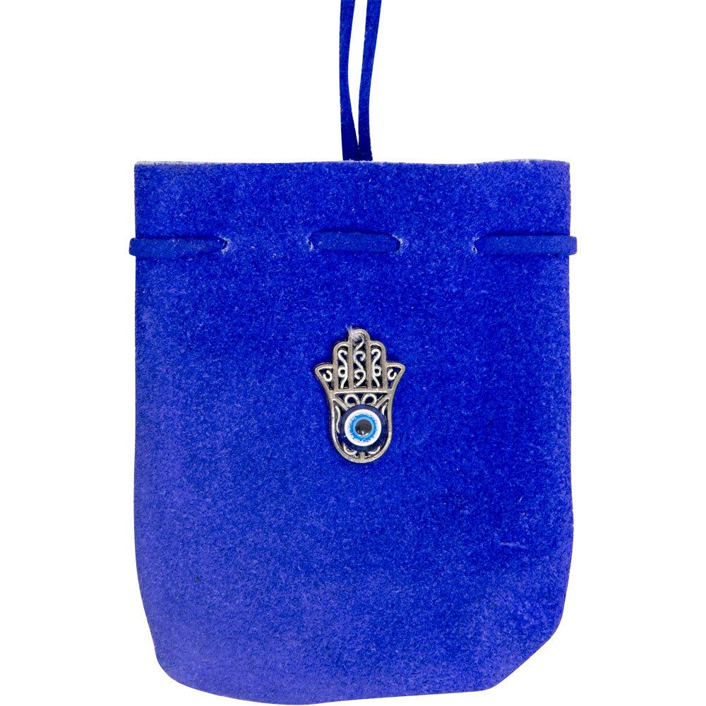 2.5&quot; x 3.5&quot; Suede Pouch Rounded with Strap - Blue Fatima Hand, SKU KH-60159, UPC 700317246251