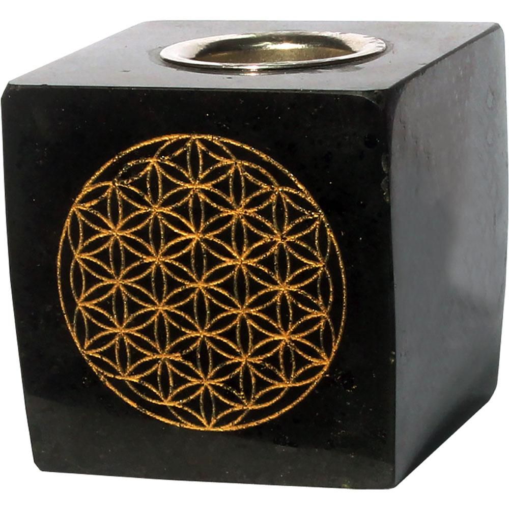 Black Tourmaline Taper Candle Holder - Flower of Life, SKU KH-03641, UPC 6016003159175