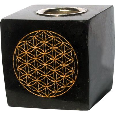 Black Tourmaline Taper Candle Holder - Flower of Life, SKU KH-03641, UPC 6016003159175