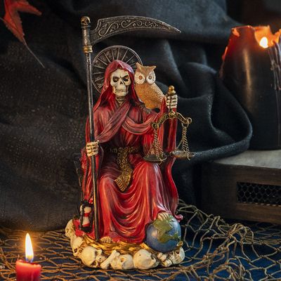 9&quot; Santa Muerte Sitting Red Statue, SKU PG-15250, UPC 700317246015