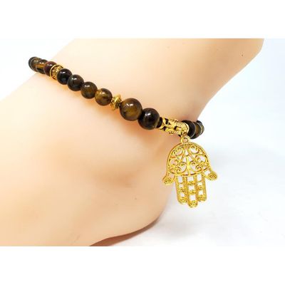Gemstone Elastic Anklet - Tiger Eye with Hamsa Hand, SKU ANK-09, UPC 700317075158