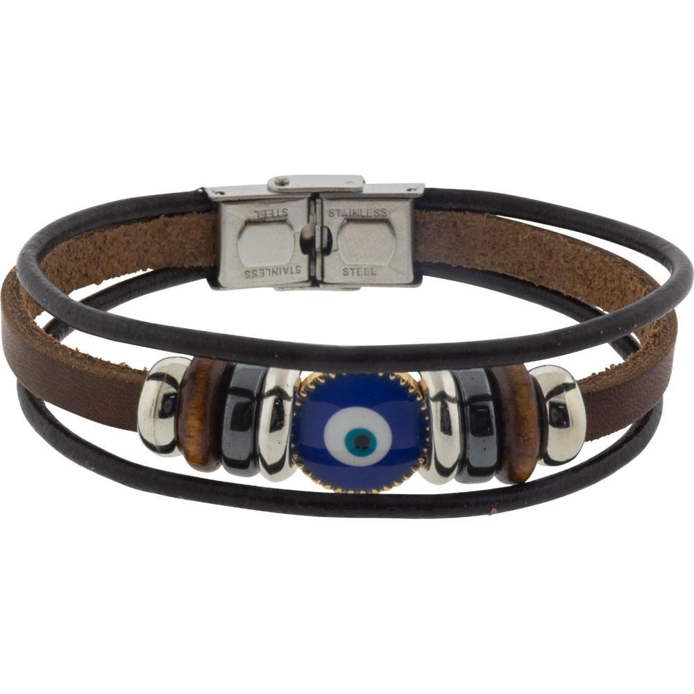 Leather Protection Bracelet - Evil Eye - Triple Row Brown, SKU KH-98809, UPC 6016003742780