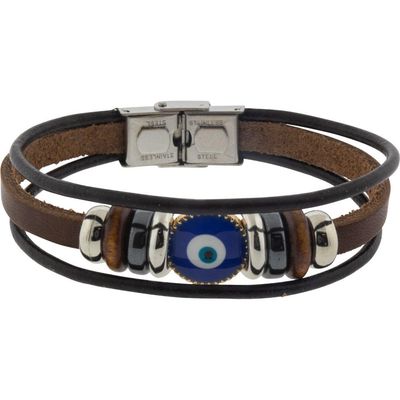 Leather Protection Bracelet - Evil Eye - Triple Row Brown, SKU KH-98809, UPC 6016003742780