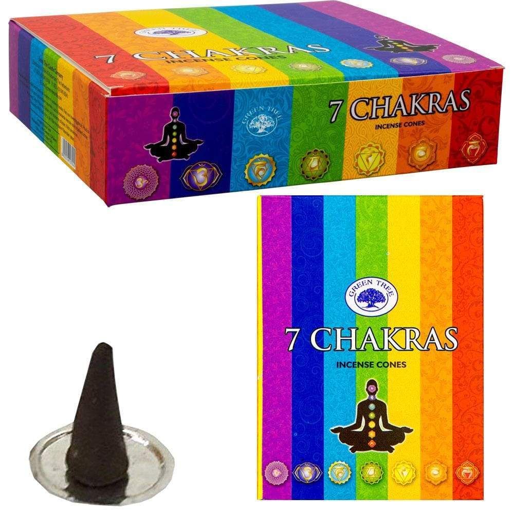 Green Tree Cones in Display Box of 10 Cones - 7 Chakras (Pack of 12), SKU KH-72662, UPC 60162052472…