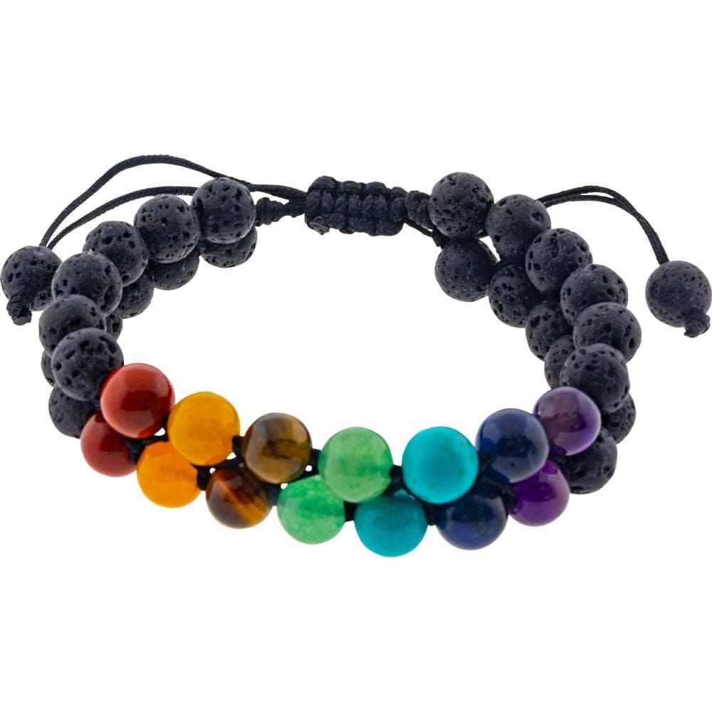 8-9 mm Adjustable Bracelet Round Beads - Double Row - Chakra &amp; Lava, SKU KH-98767, UPC 6016202461406