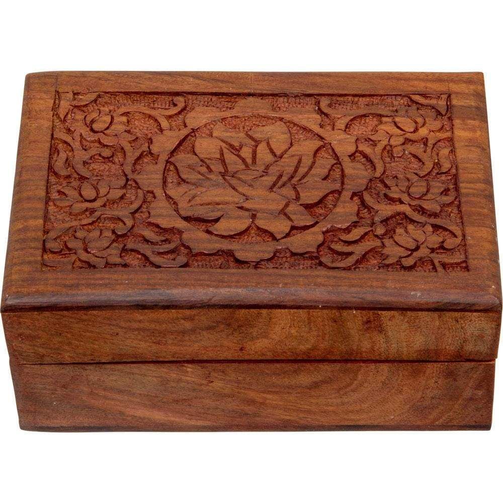 4&quot; x 6&quot; Carved Wood Box Velvet Lined - Lotus Flower, SKU KH-44352, UPC 6016201330314