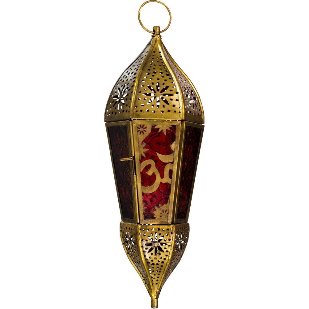 11&quot; Glass &amp; Metal Lantern - OM Red &amp; Amber, SKU KH-05224, UPC 6016200477409
