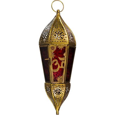 11&quot; Glass &amp; Metal Lantern - OM Red &amp; Amber, SKU KH-05224, UPC 6016200477409