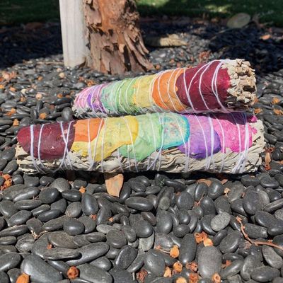 7&quot; Chakra White Sage Smudge Stick (7 Color Rose Petals), SKU SB49, UPC 6016200220210