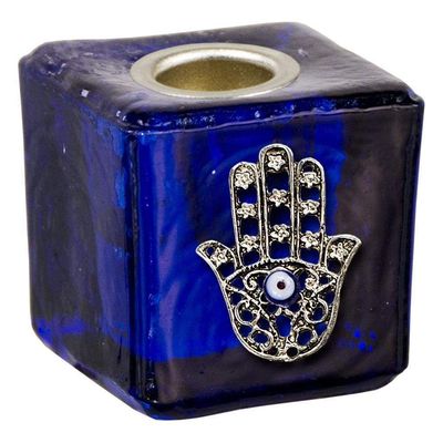 1.25&quot; Mini Glass Candle Holder Cube - Cobalt Fatima Hand, SKU KH-03557, UPC 6016202077096