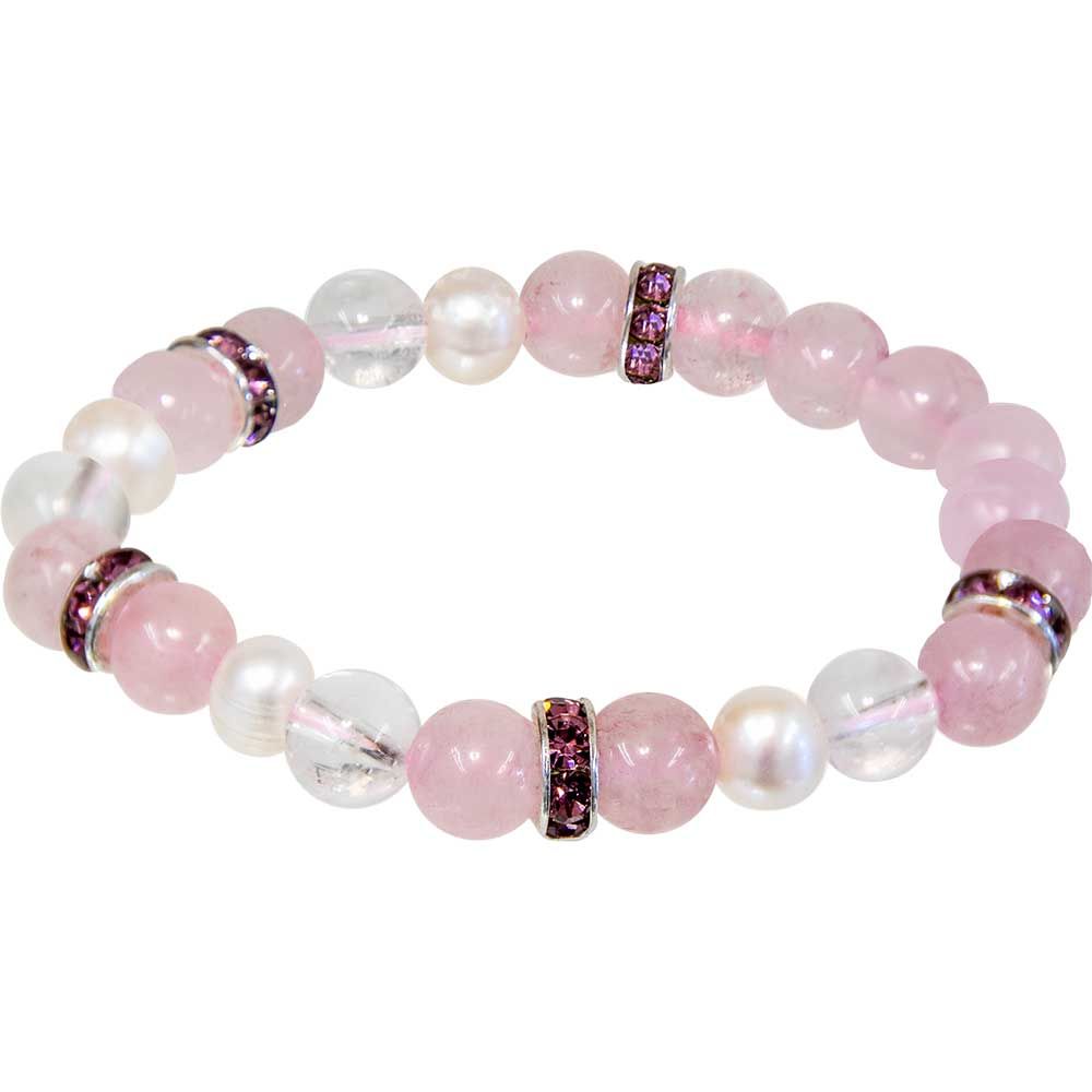 8 mm Elastic Bracelet Round Beads - Rose Quartz &amp; Clear Quartz with Pearls, SKU KH-98355, UPC 60162…