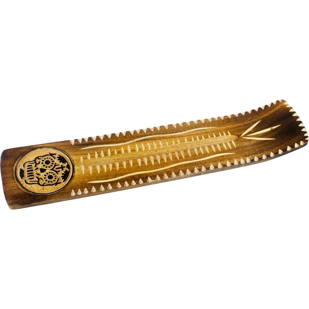 10.5&quot; Wide Engraved Wood Incense Holder - Skull, SKU KH-89195, UPC 6016221470496