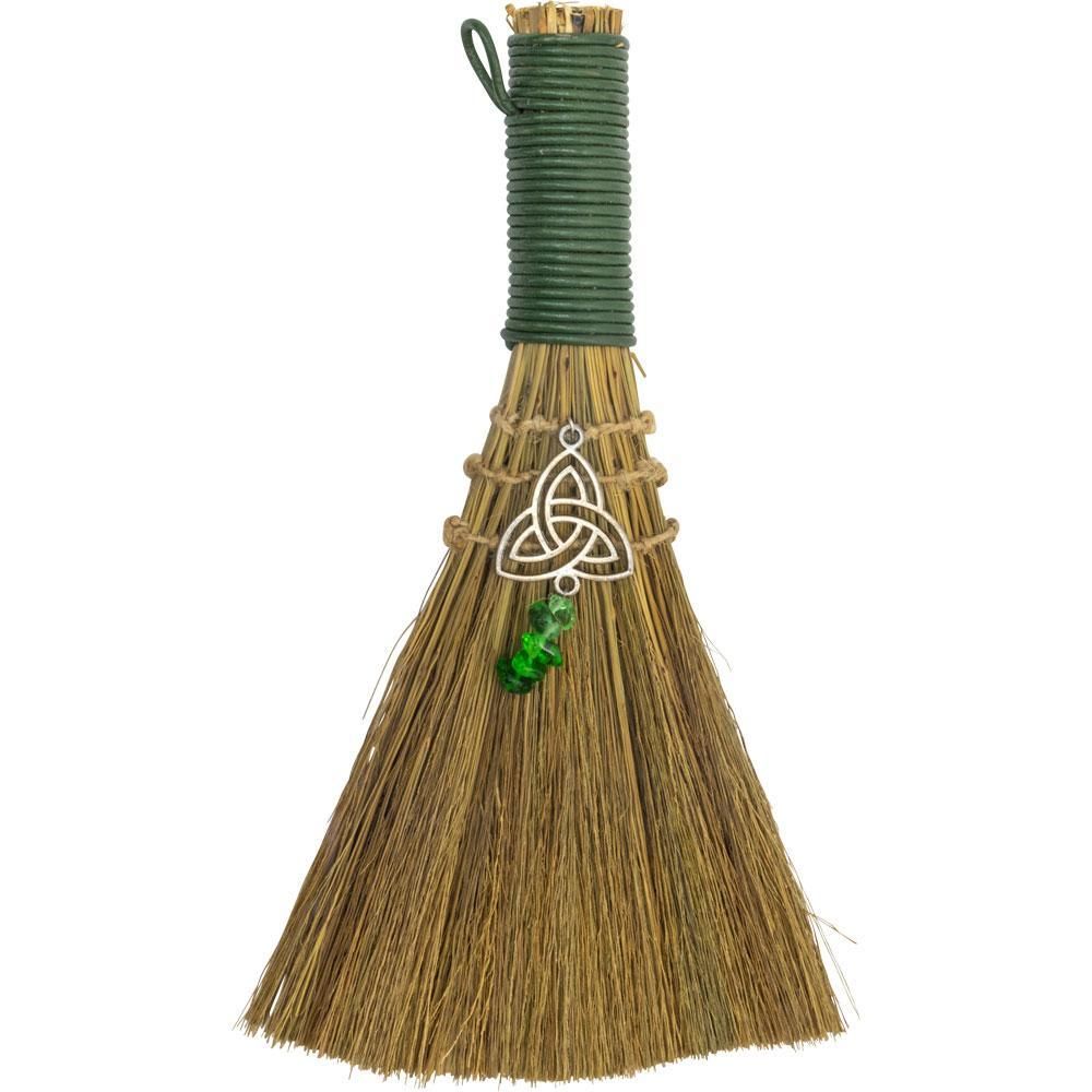 8.5&quot; Wicca Broom - Triquetra with Green Aventurine, SKU KH-27344, UPC 6016211360325